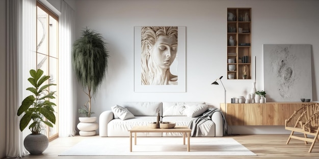 A living room with a white couch and a painting of a woman on the wall.