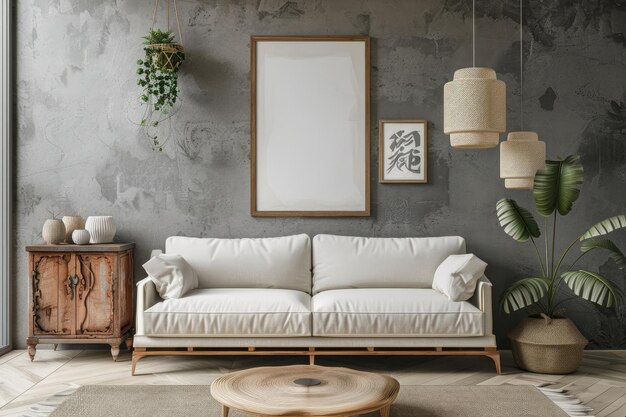 a living room with a white couch and a picture on the wall