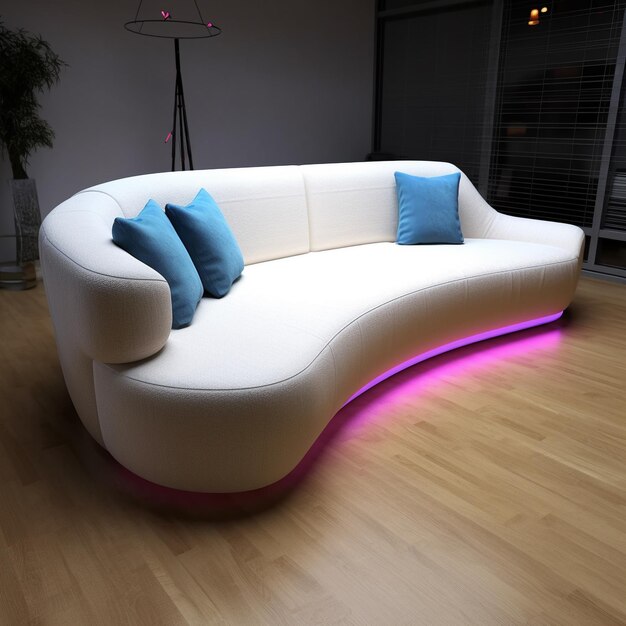 a living room with a white couch and a pink light