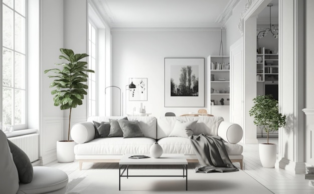 A living room with a white couch and a plant in the corner.