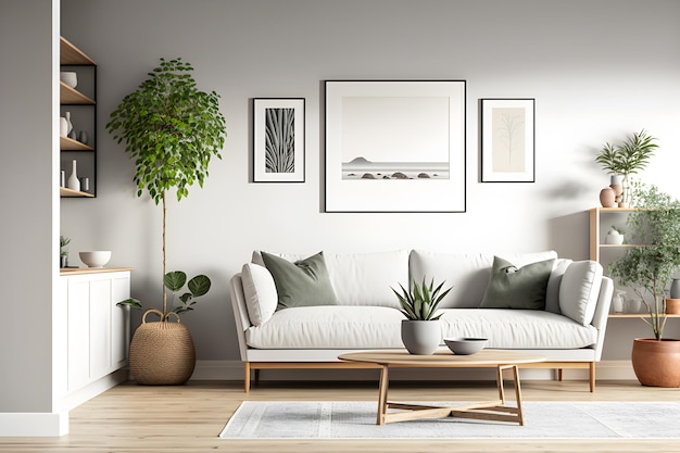 A living room with a white couch and a plant on the wall