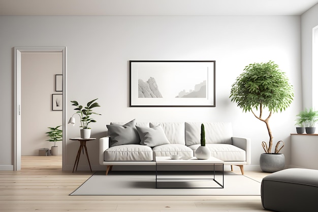 A living room with a white couch and a plant on the wall