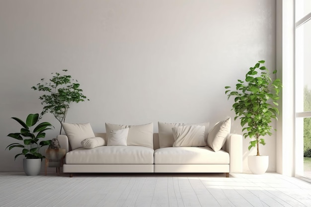 A living room with a white couch and a plant on the wall.