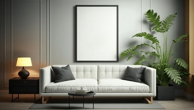 A living room with a white couch and a plant on the wall.