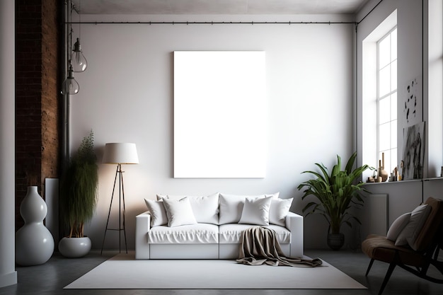 A living room with a white couch and a plant on the wall.