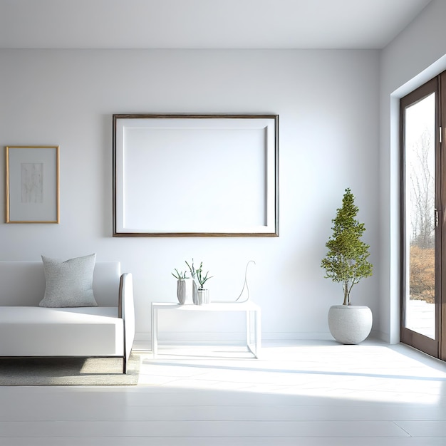 A living room with a white couch and a plant on the wall.