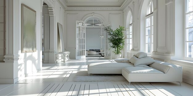 living room with a white couch and a potted plant