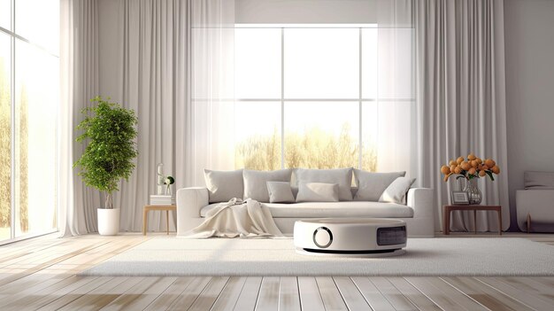 A living room with a white couch and a round coffee table.