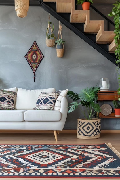 a living room with a white couch and a rug