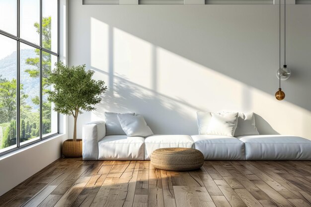 Living room with white couch small brown pillow and potted plant next to the couch