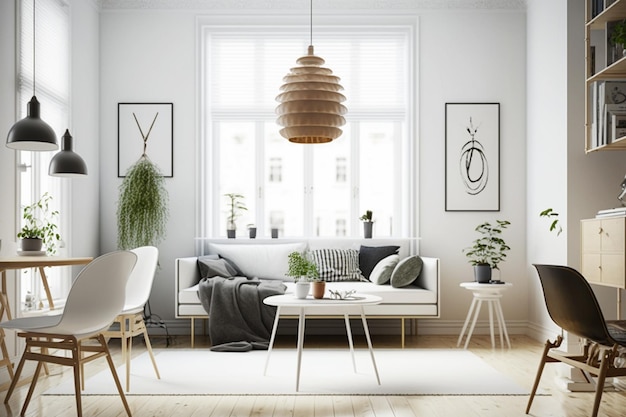 A living room with a white couch, a table, and a lamp.