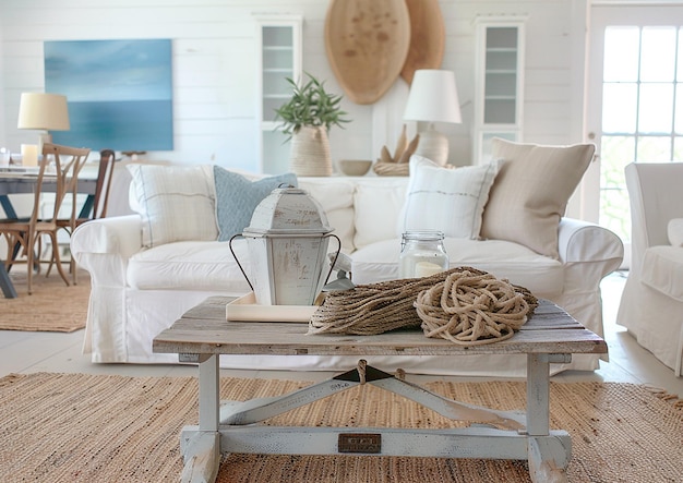 a living room with a white couch and a table with a sign that says  sea  on it