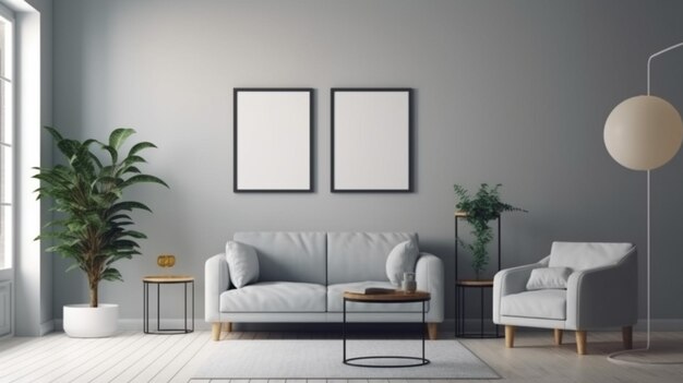 A living room with a white couch and two white chairsframe mokcup
