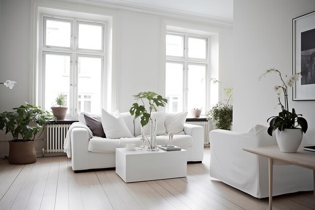 A living room with a white couch and a white coffee table with a plant on it.