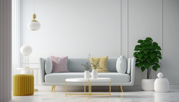 A living room with a white couch and a white coffee table.