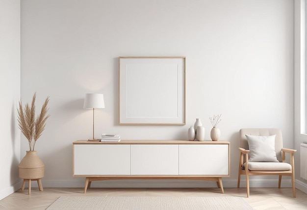 a living room with a white couch and a white picture frame