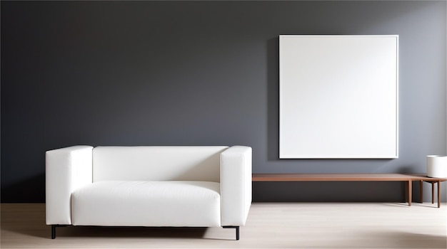 A living room with a white couch and a white poster on the wall.