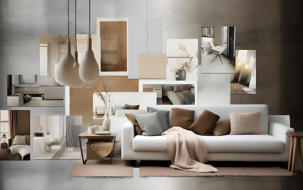 A living room with a white couch and a white rug with a gold frame.