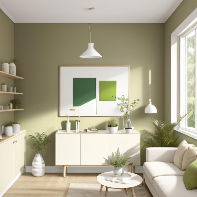 A living room with a white couch and a white table with a green pillow on it.