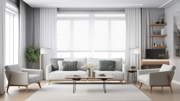 A living room with a white couch and a white table with a lamp on it.