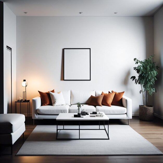 A living room with a white couch and a white table with a plant on it