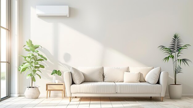 a living room with a white couch and a white wall mounted tv