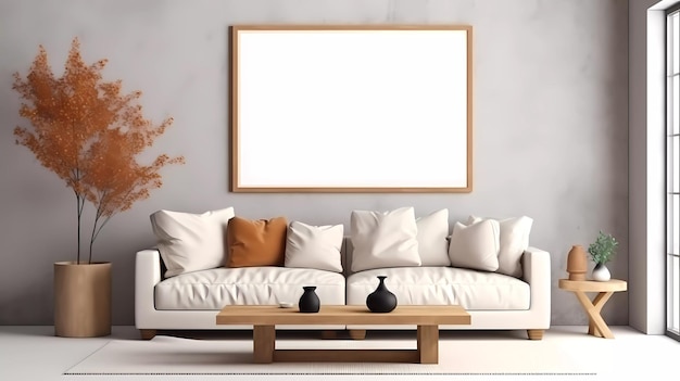 A living room with a white couch and a wooden coffee table.