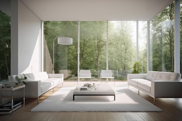 Photo living room with white furniture of an image white walls large panoramic windows overlook nature