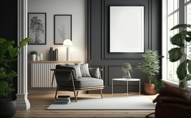 A living room with a white radiator and a chair with a picture on the wall.