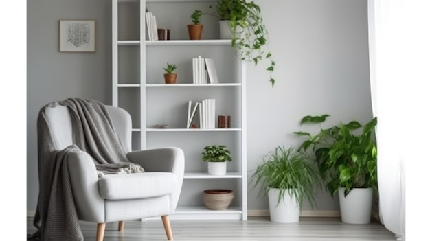 A living room with a white shelf with plants on it.