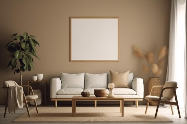 A living room with a white sofa and a coffee table.