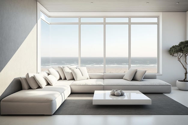 A living room with a white sofa and a large window with the ocean in the background.