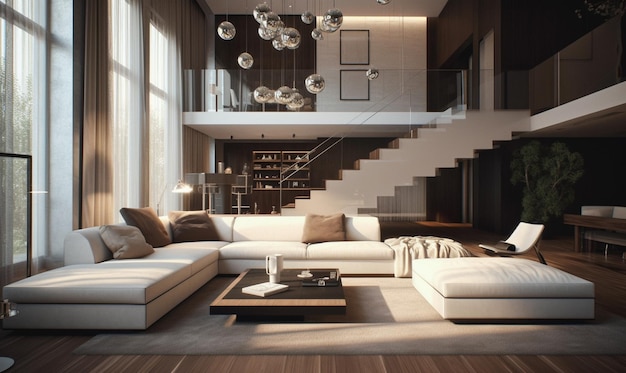 A living room with a white sofa and a large window with a staircase in the background.