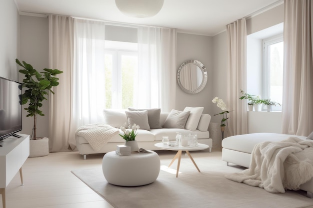 A living room with a white sofa and a large window with a white curtain.