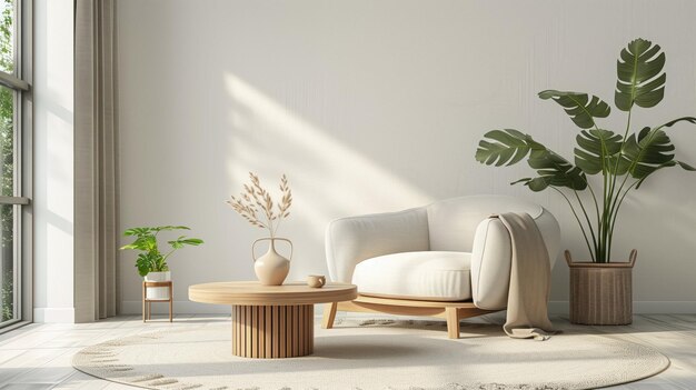 Photo a living room with a white sofa and a plant pot