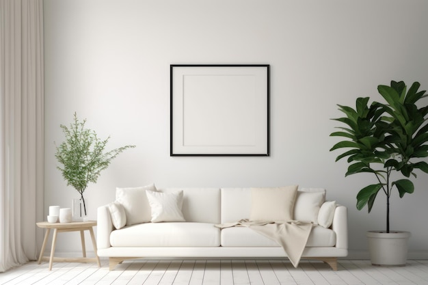 Living room with a white sofa and a plant on the wall.