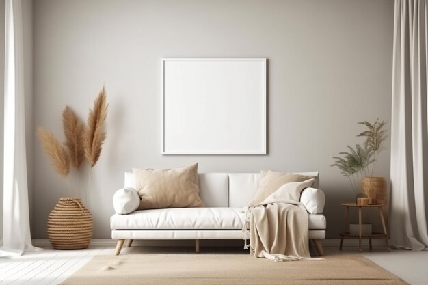 A living room with a white sofa and a plant on the wall.