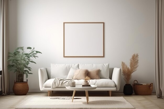 A living room with a white sofa and a plant on the wall.