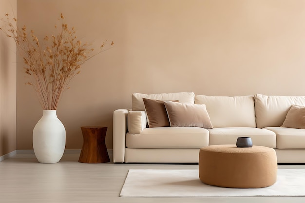 Living room with white sofa round coffee table and plant 3d render