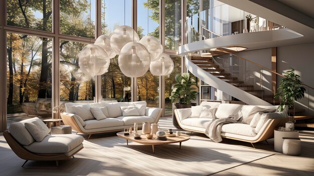 a living room with a white sofa and a set of stairs.