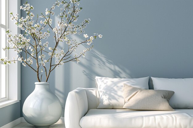 living room with a white sofa and a vase