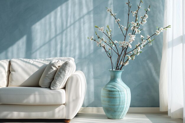 a living room with a white sofa and a vase