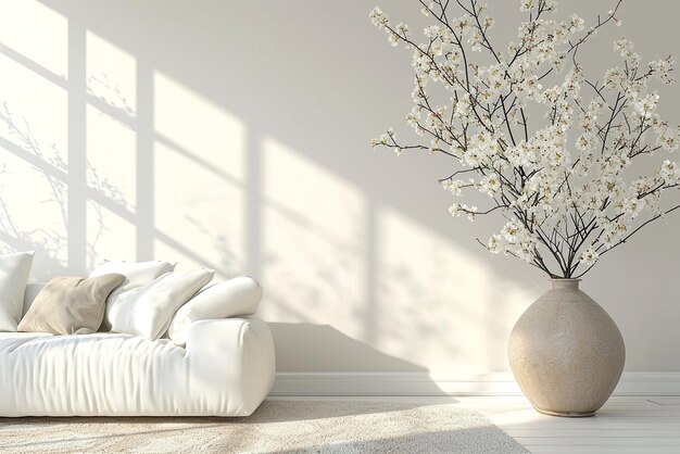 A living room with a white sofa and a vase