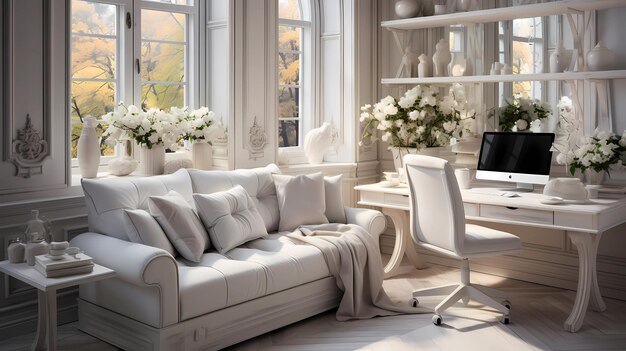 a living room with a white sofa and a white chair