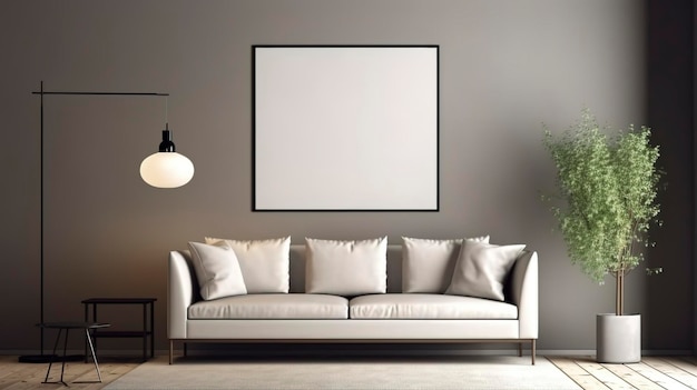 A living room with a white sofa and a white lamp