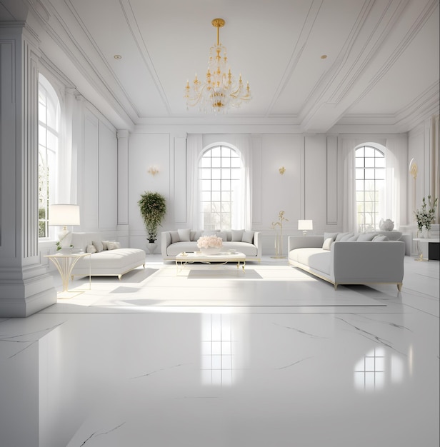 Living room with white sofa and white walls