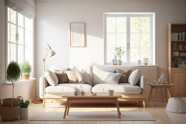 A living room with a white sofa and a window with a plant on the right side.