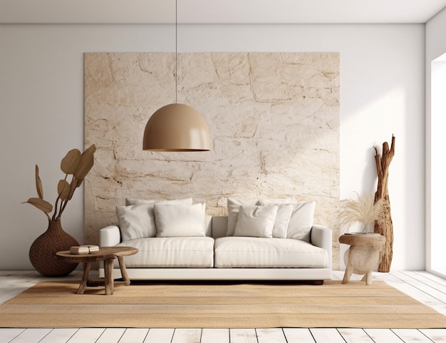 A living room with a white sofa and a wooden table with a lamp on it.