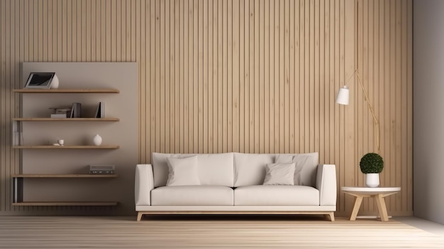 A living room with a white sofa and a wooden wall with a white lamp.