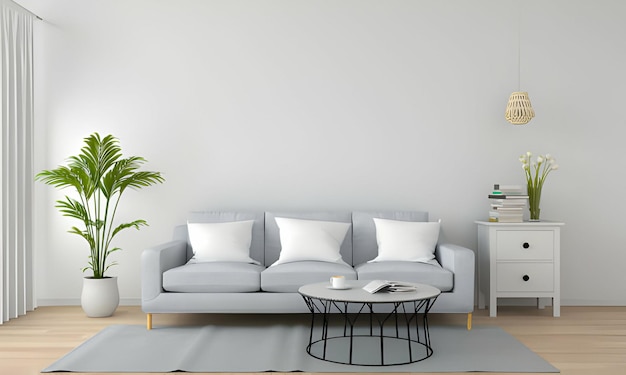 a living room with a white wall and a couch with pillows and a coffee table